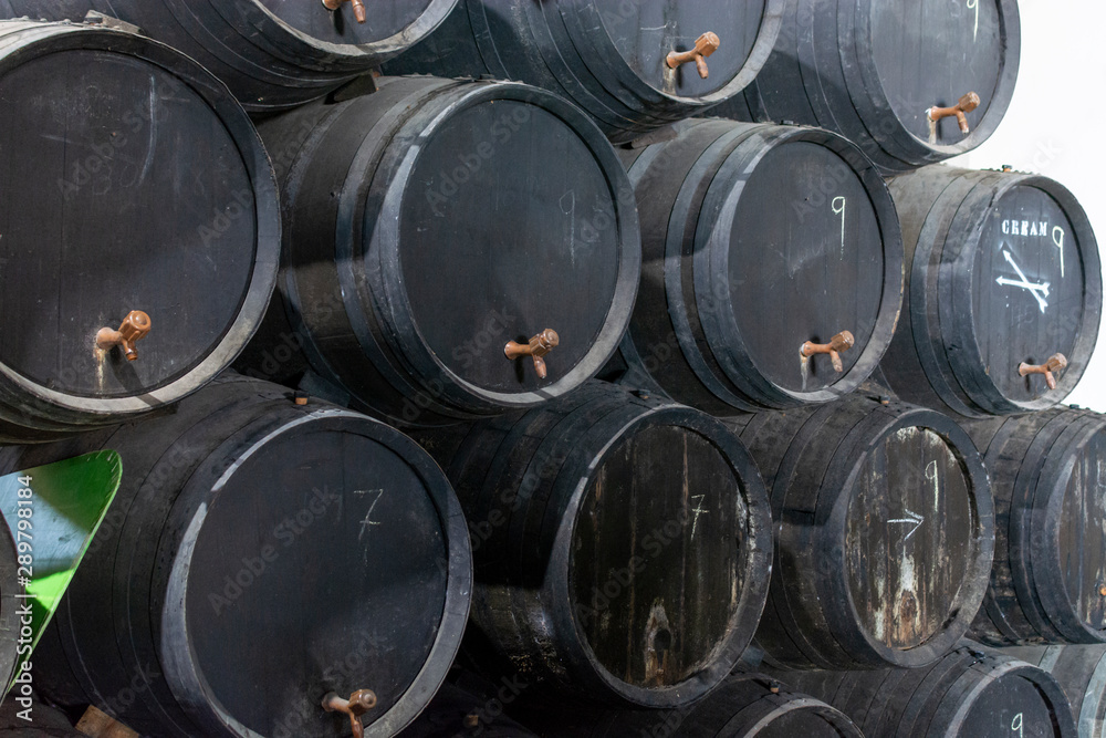 Production of fortified jerez, xeres, sherry wines in old oak barrels in sherry triangle, Jerez la Frontera, El Puerto Santa Maria and Sanlucar Barrameda Andalusia, Spain Production of fortified jerez, xeres, sherry wines in old oak barrels in sherry triangle, Jerez la Frontera, El Puerto Santa Maria and Sanlucar Barrameda Andalusia, Spain