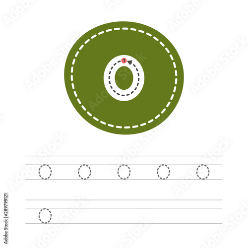 Learning to write a small letter - O. A practical sheet from a set of exercises for the development and education of children. Spelling a letter from the English alphabet. Vector illustration.