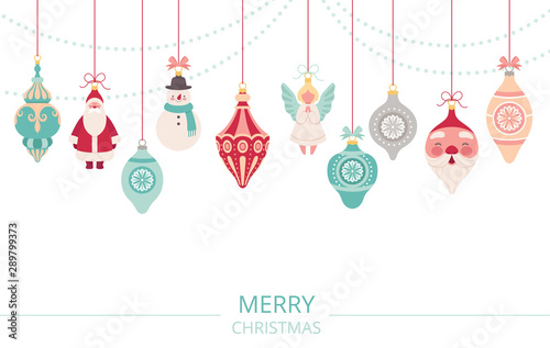 Garland of Christmas decorations. Retro christmas balls, santa claus, snowman and angel