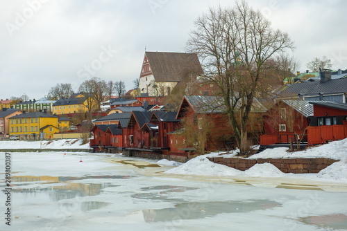 Cityscape of old Porvoo on a cloudy March day. Finland