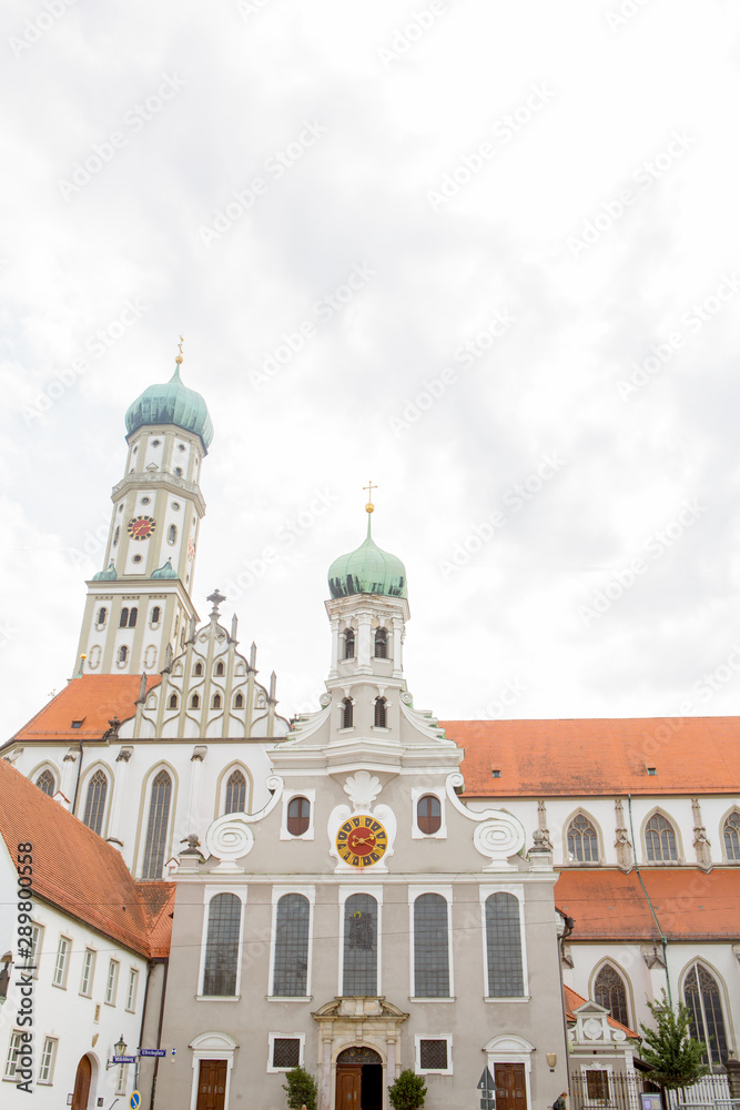 Facade of the St. Ulrich and St. Afra's Abbey in Augsburg, Bavaria, Germany. Long history monastery and Basilica. It has the two sites, one for Catholic and one for Protestant churches.