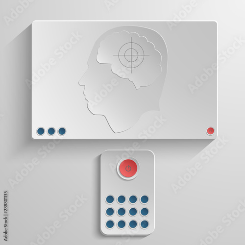The concept of human dependence on information technology. The brain at the sight of the TV remote control. Vector illustration.