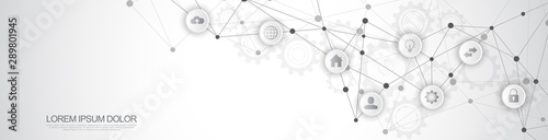 Website header or banner design with abstract technical background and connecting dots and lines. Digital technology and communication concept with flat icons.