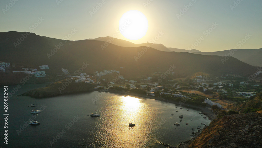 Fototapeta premium Aerial drone photo of famous beach of Livadi near main town of Astypalaia island, Dodecanese, Greece