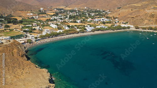 Aerial drone photo of famous beach of Livadi near main town of Astypalaia island, Dodecanese, Greece © aerial-drone