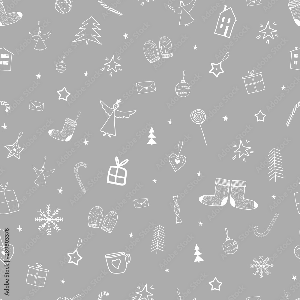 Seamless pattern with variety Christmas elements. Winter, christmas tree, gift and other. Design for banner, poster or print, for paper, postcart. Seamless pattern with variety Christmas elements. Winter, christmas tree, gift and other. Design for banner, poster or print, for paper, postcart.