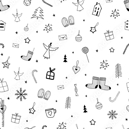 Seamless pattern with variety Christmas elements. Winter, christmas tree, gift and other. Design for banner, poster or print, for paper, postcart.