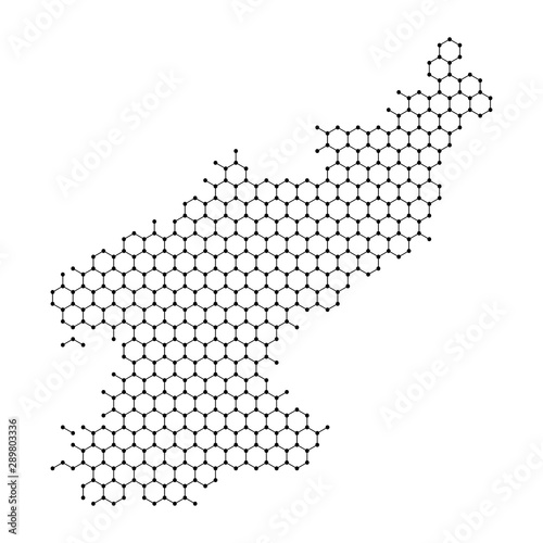 North Korea map from abstract futuristic hexagonal shapes, lines, points black, in the form of honeycomb or molecular structure. Vector illustration.