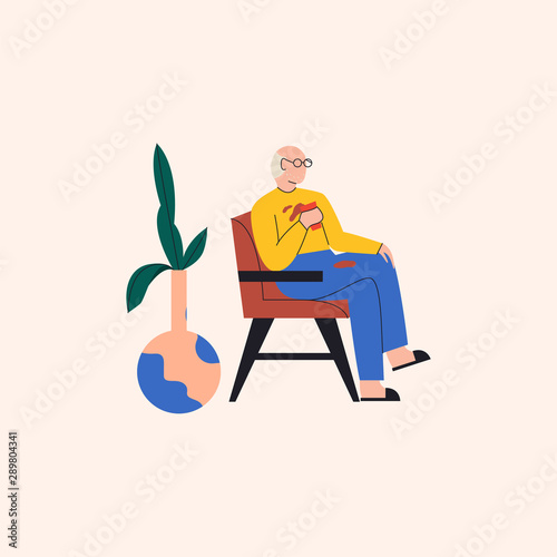 Old man sitting and chair in dirty clothes and splitting coffee on himself. Elderly person demonstrating disregard for hygiene. Dementia symptom. Flat vector illustration