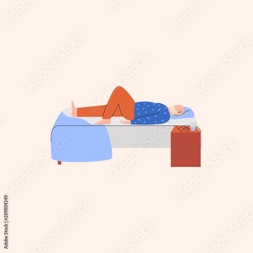 Old man laying on hid back in bed and can't sleep. Elderly person performing trouble sleeping. Flat vector illustration