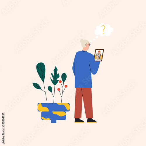 Old woman looking at her daughter's portrait and don't recognize her. Elderly person performing memory loss and doesn't recognize family and friends. Flat vector illustration