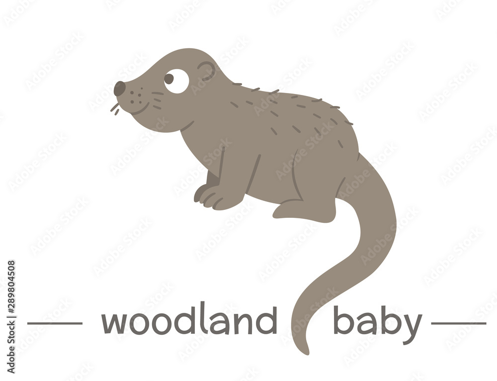 Vector hand drawn flat baby otter. Funny woodland animal icon. Cute forest animalistic illustration for children’s design, print, stationery.