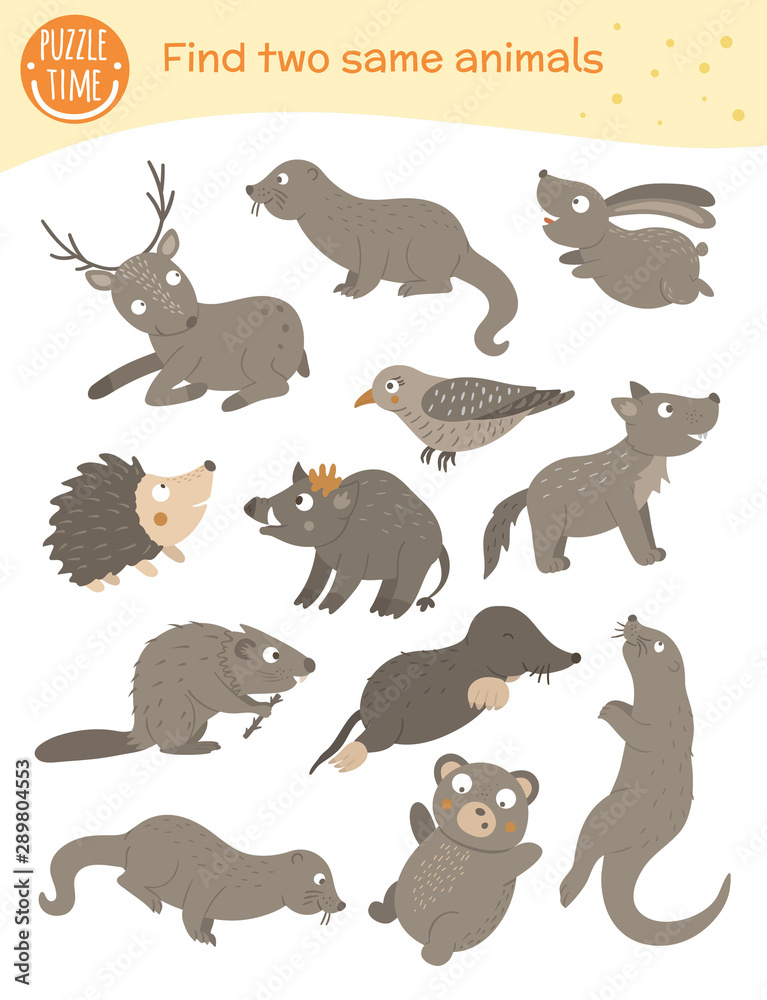 Obraz premium Find two same animals. Matching activity for children. Funny woodland game for kids. Logical quiz worksheet..