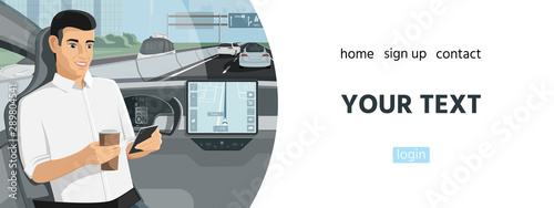 Banner template with passenger in self driving autonomous car. Vector illustration EPS 10