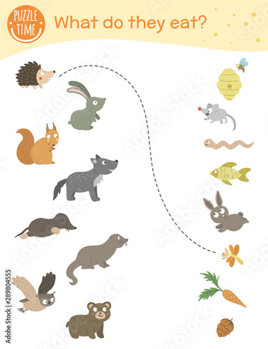Fototapeta Naklejka Na Ścianę i Meble -  What do they eat. Matching activity for children with animals and food they eat. Funny woodland game for kids. Logical quiz worksheet..