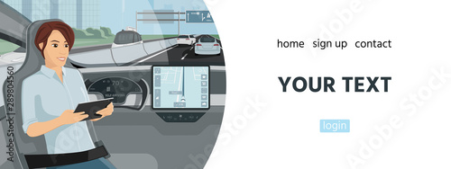 Banner template with passenger in self driving autonomous car. Vector illustration EPS 10
