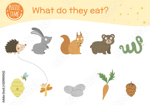 What do they eat. Matching activity for children with animals and food they eat. Funny woodland game for kids. Logical quiz worksheet..