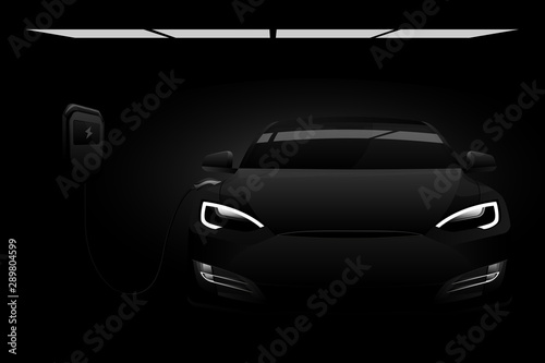 Black electric car with a charging station in the dark. Vector illustration EPS 10 photo