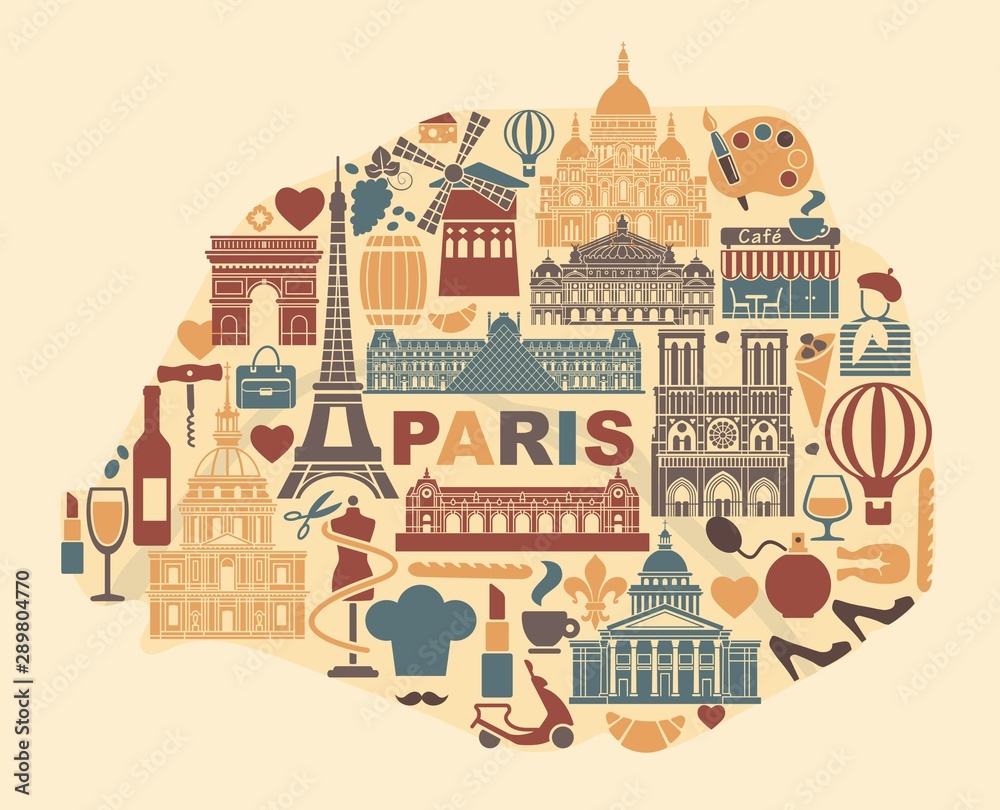 Fototapeta premium Vector stylized map of Paris with landmarks and symbols of France