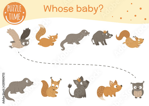 Whose baby matching activity for preschool children. Connect the animal with its baby. Funny woodland game for kids. Logical quiz worksheet..