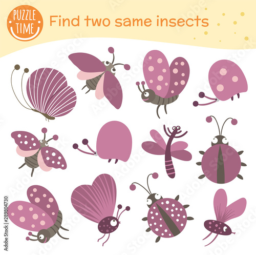 Find two same insects. Matching activity for preschool children. Funny woodland game for kids. Logical quiz worksheet..