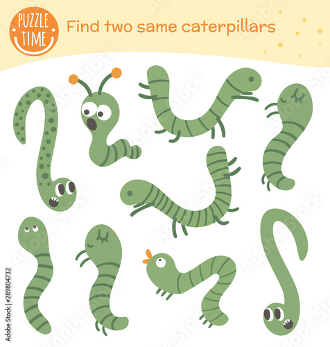 Find two same insects. Matching activity for preschool children with green caterpillars. Funny woodland game for kids. Logical quiz worksheet..