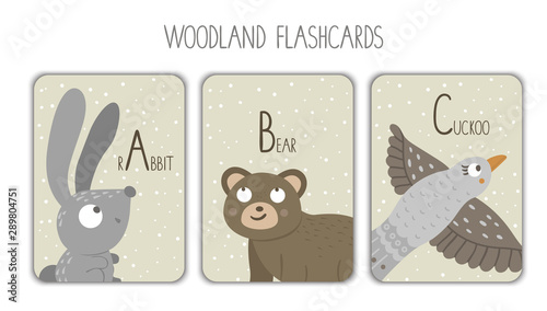 Colorful alphabet letters A, B, C. Phonics flashcard. Cute woodland themed ABC cards for teaching reading with funny rabbit, bear, cuckoo..
