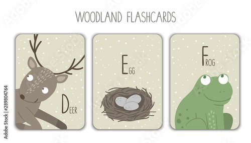 Colorful alphabet letters D, E, F. Phonics flashcard. Cute woodland themed ABC cards for teaching reading with funny bird, deer, eggs..