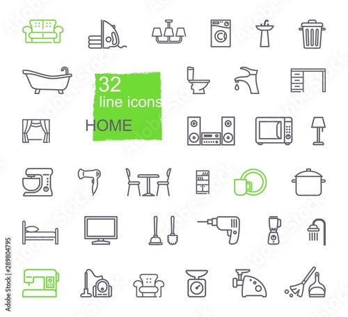 Linear icons of household items. Furniture, appliances, kitchen utensils
