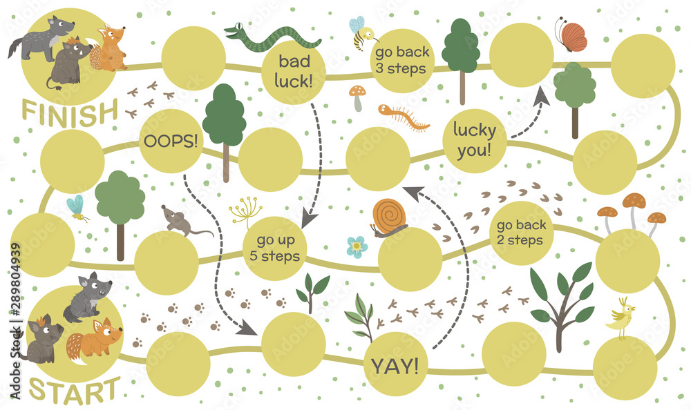 Forest adventure board game for children. Educational woodland boardgame. Puzzle with animals, birds, trees, insects. Help baby fox, wolf and boar get to their parents..