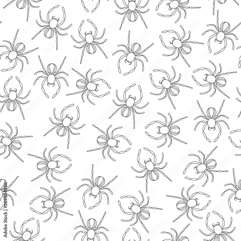 Vector seamless pattern of black and white insects. Repeat background with isolated monochrome spider. Good for clothes for teenagers, stationery, wallpaper and gift paper. Cartoon style..