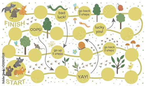 Forest adventure board game for children. Educational woodland boardgame. Puzzle with animals, birds, trees, insects. Help baby fox, wolf and boar get to their parents..