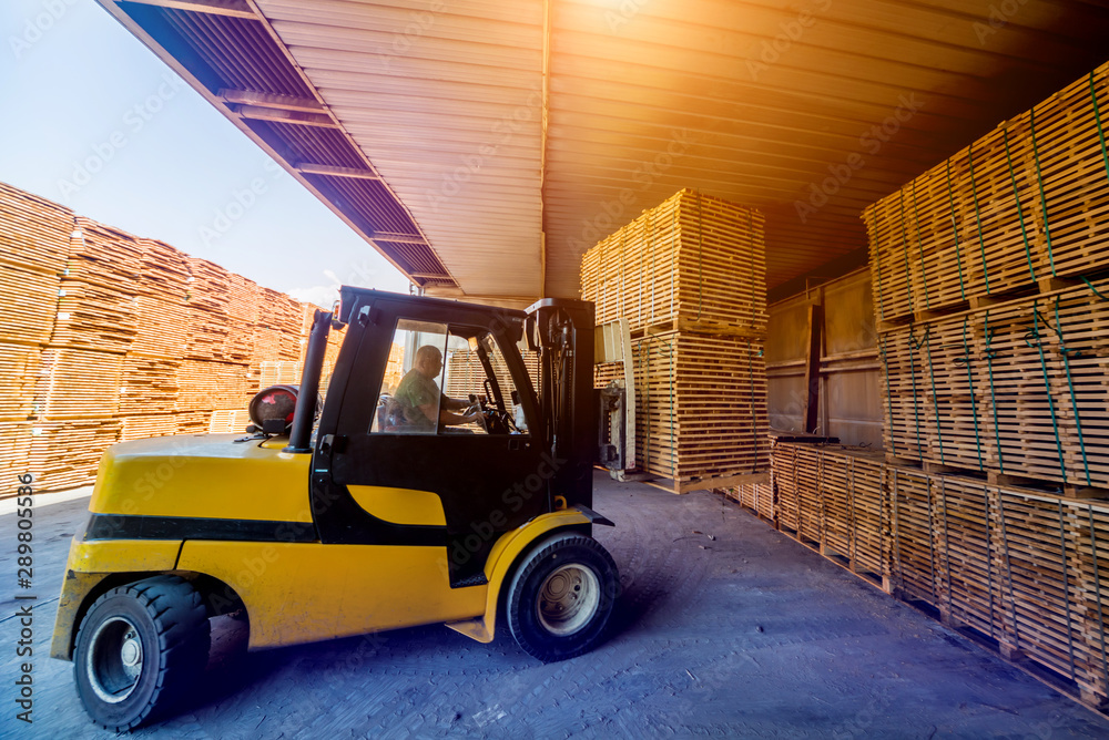 Forklift loader load lumber into a dry kiln. Wood drying in containers ...
