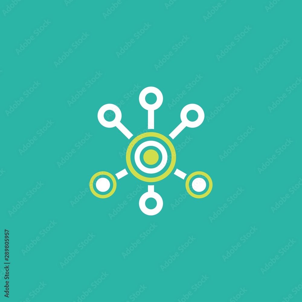 Hub network connection line icon isolated on blue. Tech or technology logo. Hub network connection line icon isolated on blue. Tech or technology logo.