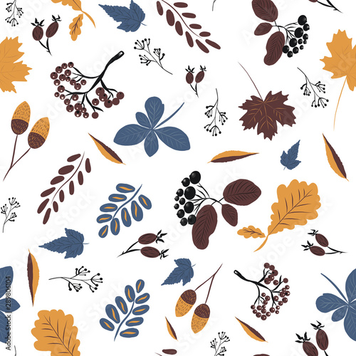 Vector, seamless pattern with autumn colorful leaves and hand-drawn fruits, autumn mood, harvest