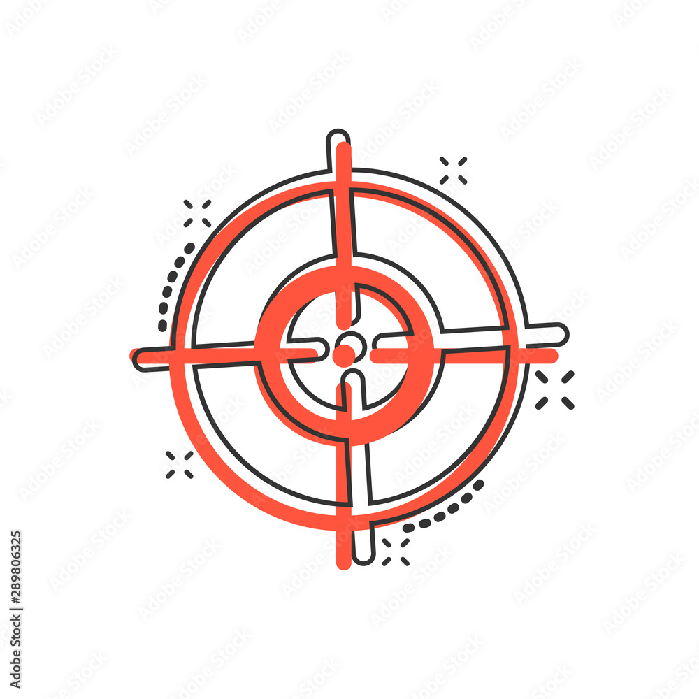Shooting target vector icon in comic style. Aim sniper symbol cartoon illustration on white background. Target aim business concept splash effect. Shooting target vector icon in comic style. Aim sniper symbol cartoon illustration on white background. Target aim business concept splash effect.