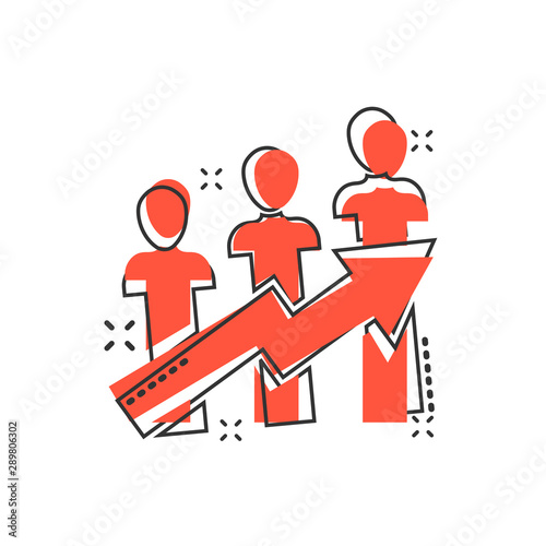 Performance icon in comic style. Career vector cartoon illustration on white isolated background. People with arrow business concept splash effect.