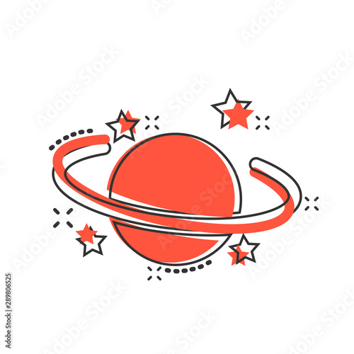 Saturn icon in comic style. Planet vector cartoon illustration on white isolated background. Galaxy space business concept splash effect.