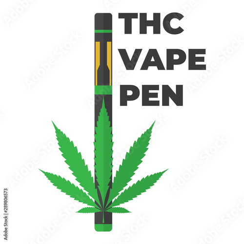 THC vape pen illustration. Vape pen in flat style and cannabis leaf. 