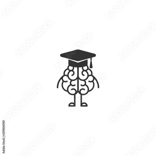 Black brain character with legs, hands and mortar board cap.