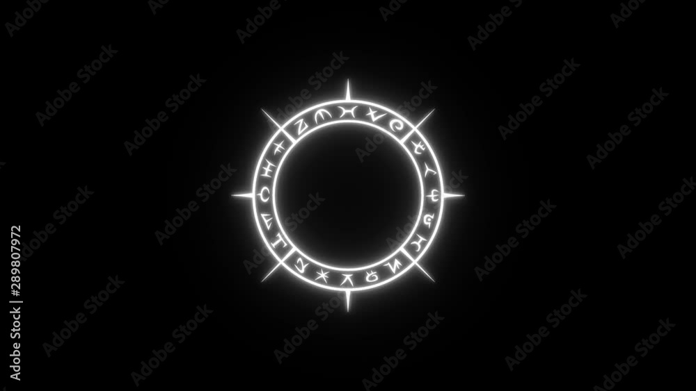 White occult circle with mystical symbols with pulsing white glow in seamless loop