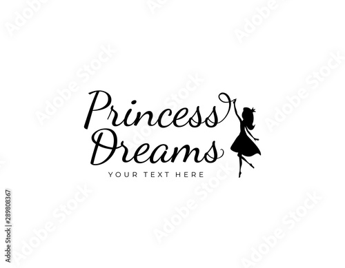 Logotype Princess Dreams with fairy princess silhouette on white background. Vector illustration for logo bridal shop, kids fashion, invitation, decor.