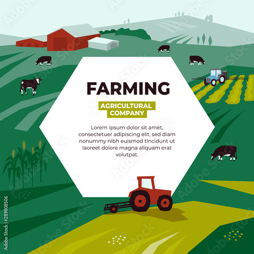 Vector illustration for farming with farm land, pasture, cows, agricultural machinery, fields, landscape. Design for farmers, agricultural company. Template for banner, annual report, prints, layout.
