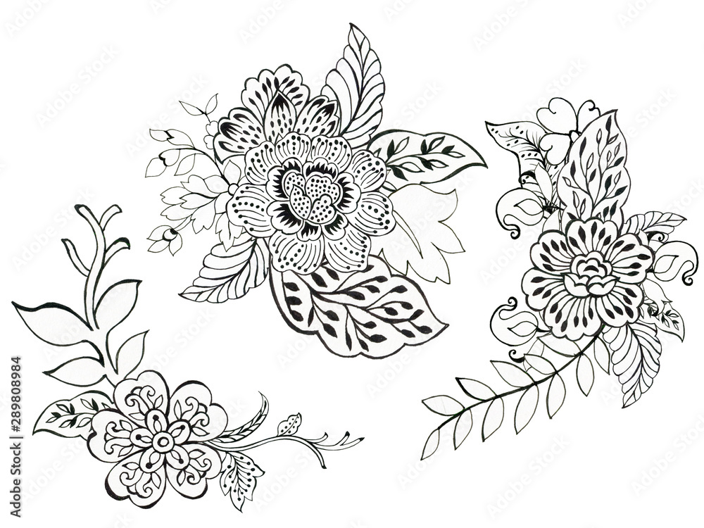 Fototapeta premium Hand drawn illustration henna tattoo elements and bouquet for your design textile, decorative paper, scrapbooking