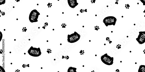 cat seamless pattern kitten vector paw footprint meow fish bone cartoon scarf isolated polka dot repeat wallpaper tile background illustration doodle design