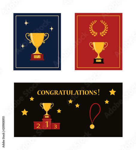 Award icons. Web site. Set of greeting cards of trophy cup with stars