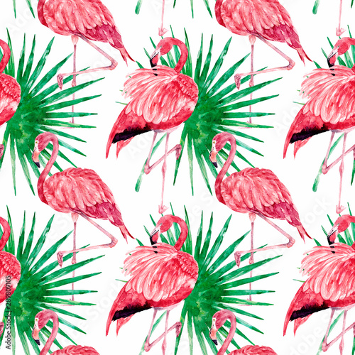 Watercolor pink flamingos seamless pattern. Hand drawn background with exotic leaves and birds. Illustration with palm leaves for textil, wrapping, wedding, vacation