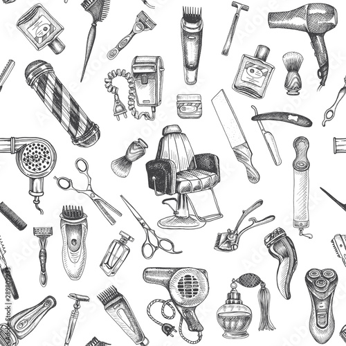 Hand drawn sketch pattern for barbershop. Accessories for the hairdresser, made in graphic style.