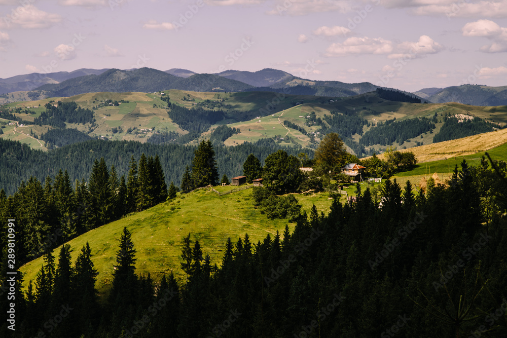 Mountain village landscape in the wild Ukrainian Bukovyna area