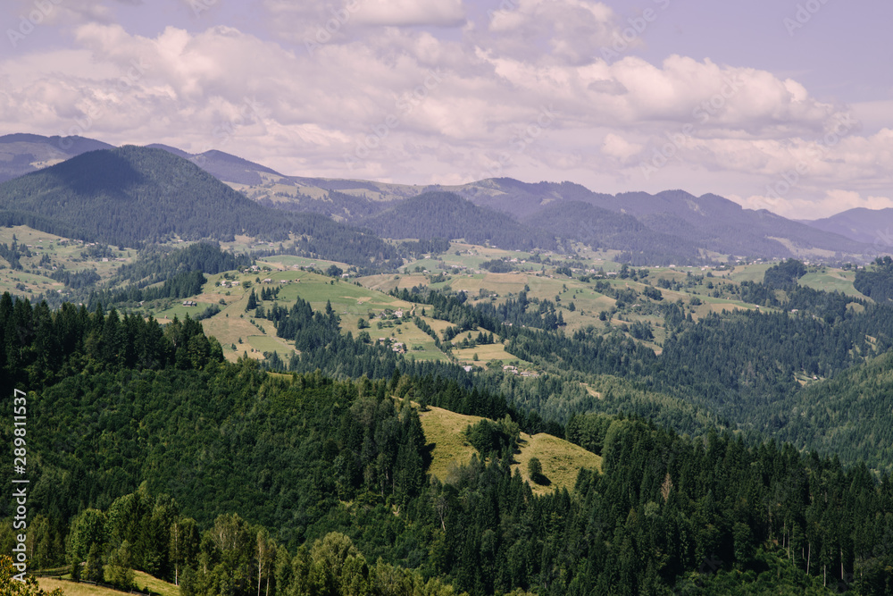 Mountain village landscape in the wild Ukrainian Bukovyna area